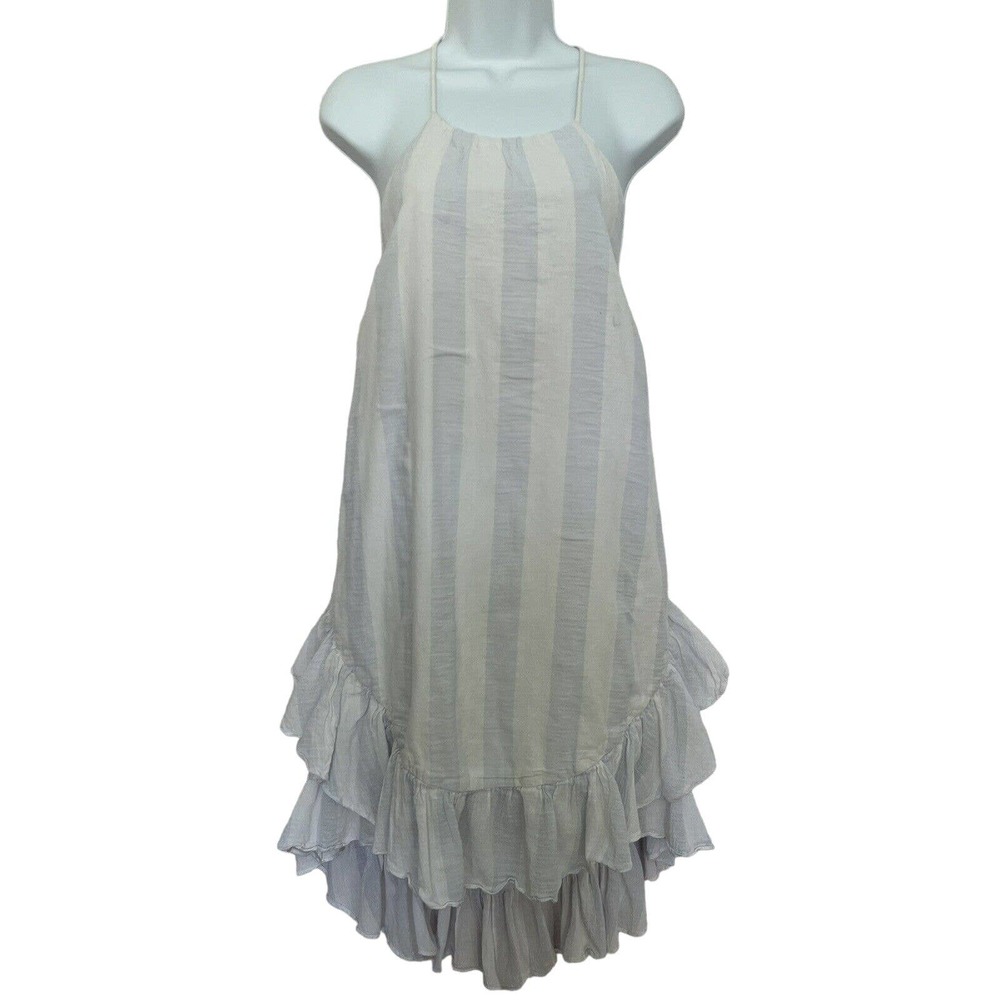 🌵 Mustard Seed Blue & White Striped Ruffled Lined Backless Halter Dress - Small